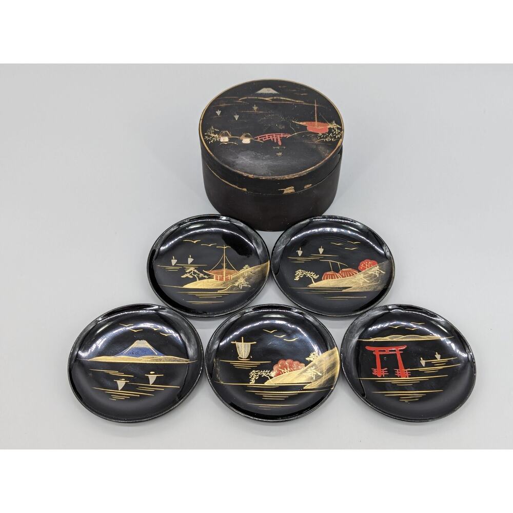 Japan Set of 5 Sake Coasters in Round Case Hand Painted Black With Red & Gold